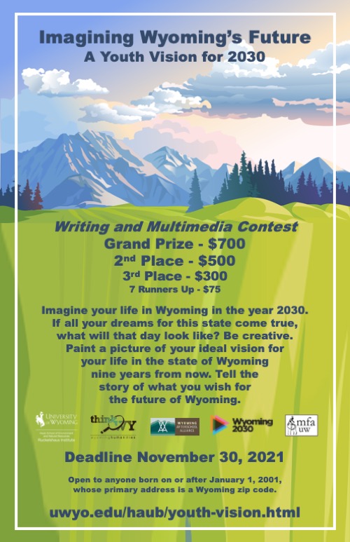 Poster for Youth Vision contest with image of mountains and trees.