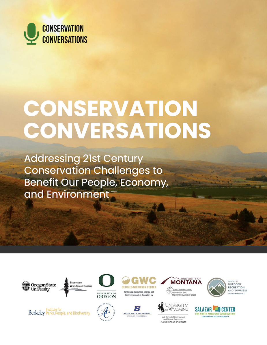 Report cover of "Conservation Conversations," report January 2021 showing a landscape image and partner organization logos.