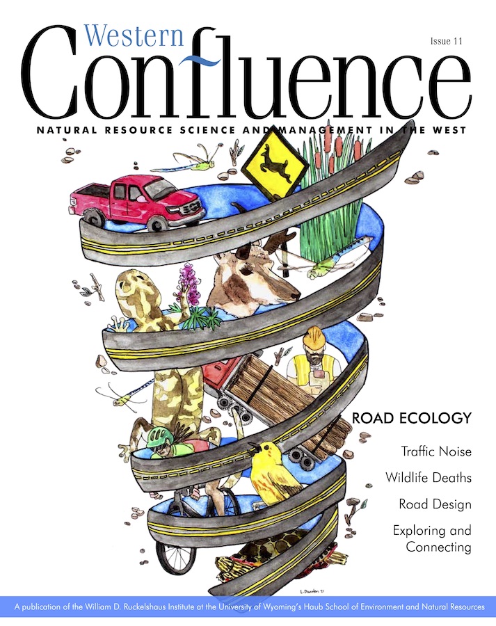 Cover of Western Confluence magazine with illustration of highway wrapping around people and wildlife.