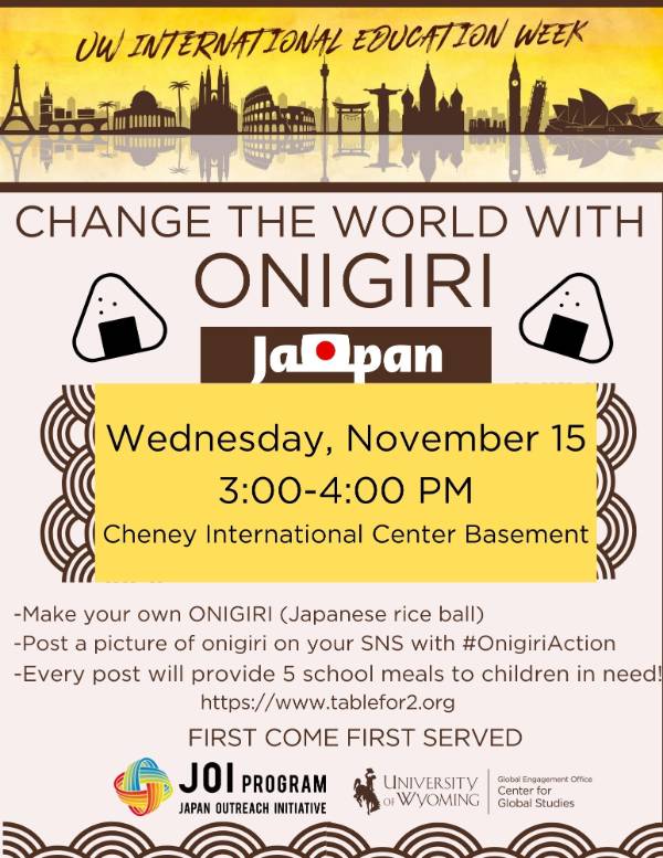 Onigiri workshop flyer, with text inviting everyone to the Cheney International Center at 3:00-4:00 pm