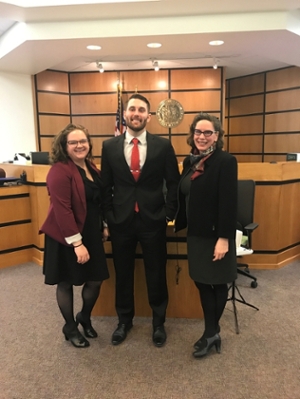 Jennifer Dean, Brent Rhodes, and Professor Danielle Cover in courtroom