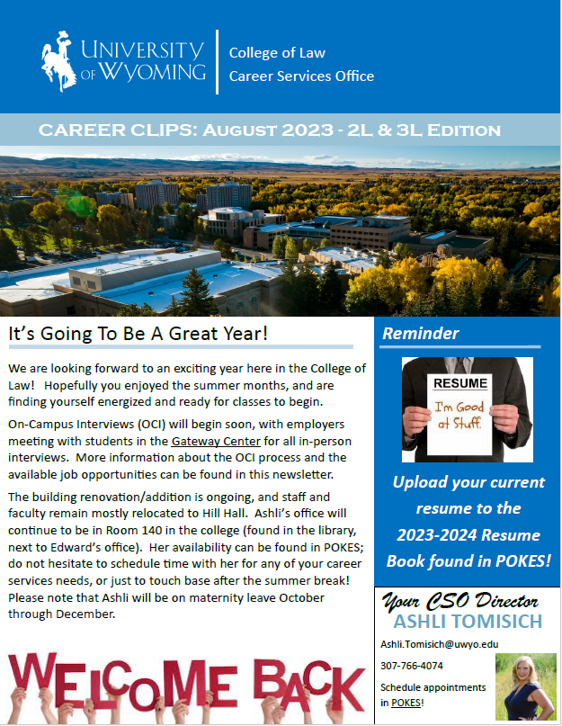 cover page for August 2023 newsletter for 2Ls and 3Ls