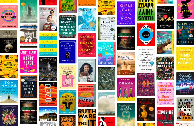 A variety of book covers from the Libby app arranged in rows.