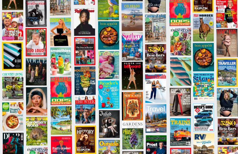A variety of magazine covers from the Libby app arranged in rows.