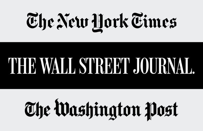 The New York Times, the Wall Street Journal and the Washington Post logos.