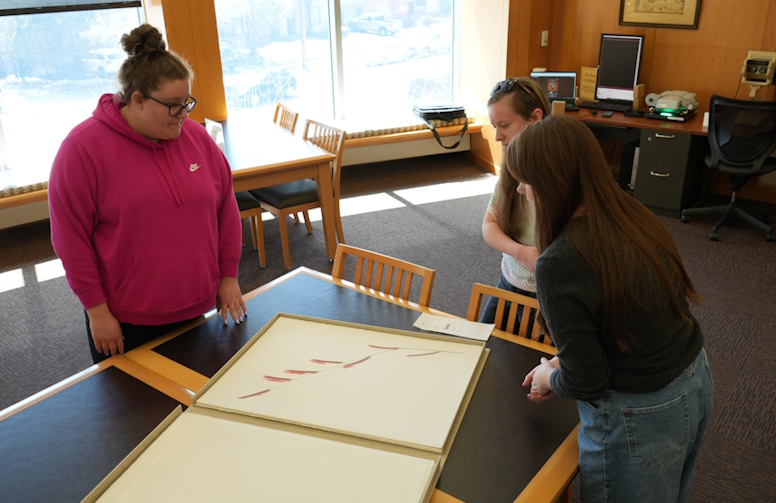 people looking at the book Native Grasses of the Apache Highlands in Special Collections