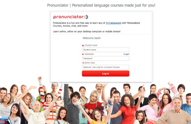 The Pronunciator Languages login page.