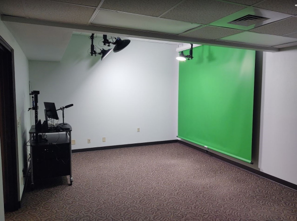 green screen, lights and computer recording cart in Campbell County public library