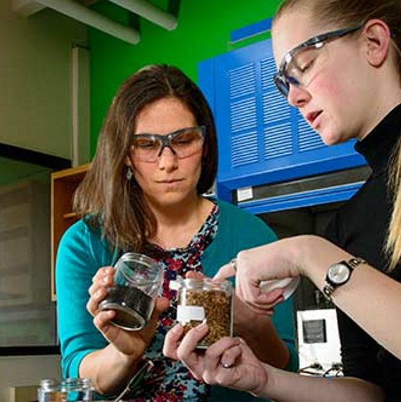 Dr Belmont and grad student compare carbon samples from research in laboratory