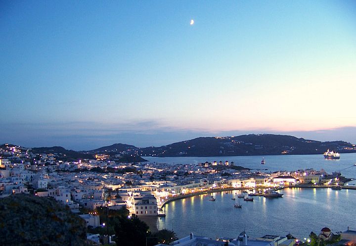 Greek city of Mykonos next to the ocean