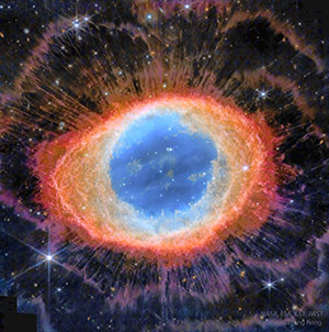 a nebula consisting of colored rings in orange and blue, shaped like an eye