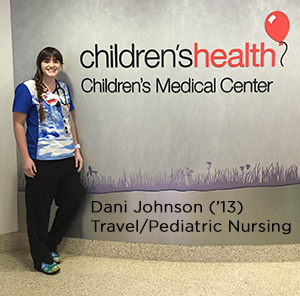 Young nurse with long brown braid next to children's health medical center sign