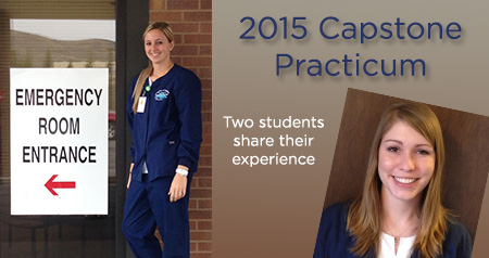 two smiling nursing students in their blue UW nursing scrups at their respective capstone locations
