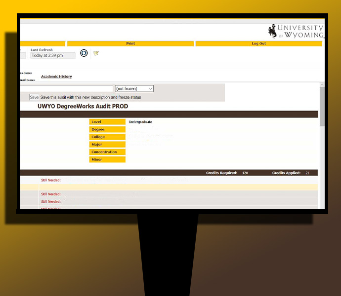 picture of the UW DegreeWorks screen in WyoWeb