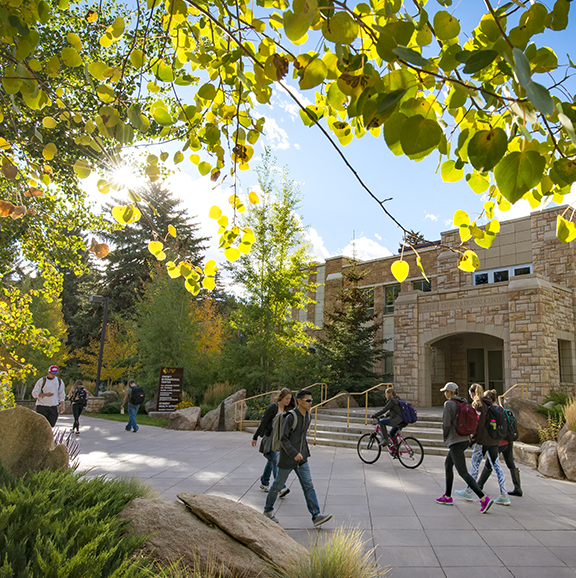 Health sciences building framed by green leaves with students walking