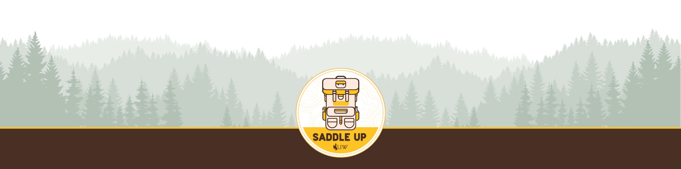 Saddle Up logo on a green mountain illustrated background
