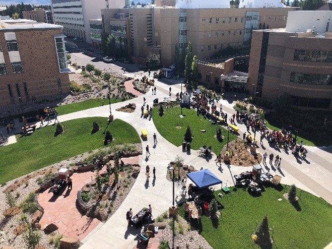 stem carnival as seen from above with groups of people attending activities outside