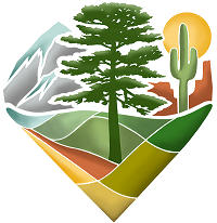 Colorful logo, stylized with tree and clouds and landscape