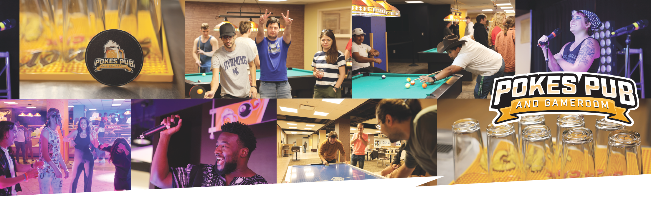 Collage of photos with students having fun at Pokes Pub along with the Pokes Pub Logo