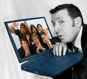 Comedians framed inside a laptop monitor