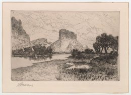 Etching of river scene