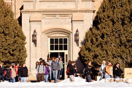 Students exiting academic building