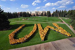 Aerial view of students standing in the shape of letters U and W
