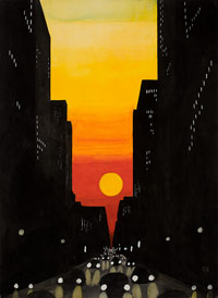 Picture of sun setting behind skyscrapers