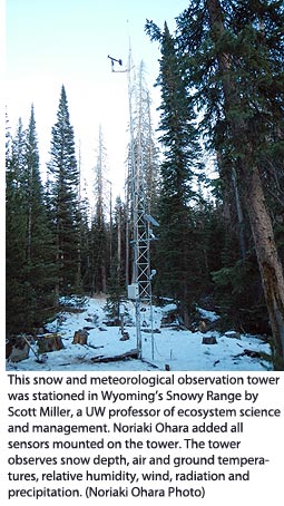 This snow and meteorological observation tower was stationed in Wyoming’s Snowy Range by Scott Miller, a UW professor of ecosystem science and management. Noriaki Ohara added all sensors mounted on the tower. The tower observes snow depth, air and ground temperatures, relative humidity, wind, radiation and precipitation. 