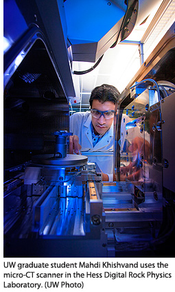 UW graduate student Mahdi Khishvand uses the micro-CT scanner in the Hess Digital Rock Physics Laboratory.