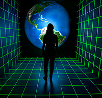 Person standing in front of earth projection