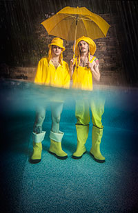 two men in raincoats and boots standing under umbrella in waist-deep water