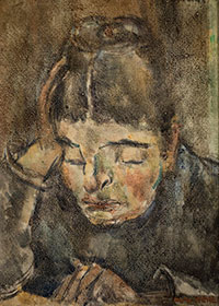 painting of a woman with head on hand done in browns