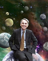 man sitting in front of planets and space background