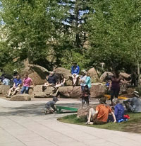 people sitting on grass and rocks near sidewalk