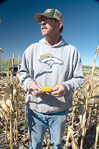 man standing in field of dead corn stalks, holding small ear of corn