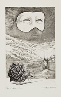 drawing with mask at top and rose below