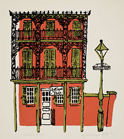 simple color artwork of an orange building with wrought iron balconies