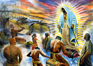 painting of a glowing figure in a blue robe surrounded by people