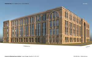 architect's rendering of a large sandstone brick building