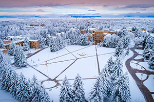 overhead view of campus in the snow