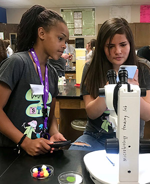 two young women work with a microscope
