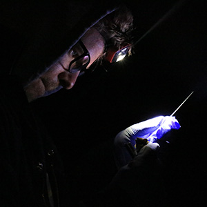 man using a headlamp to look at item in his hands