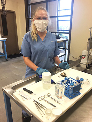 woman in scrubs behind lab table
