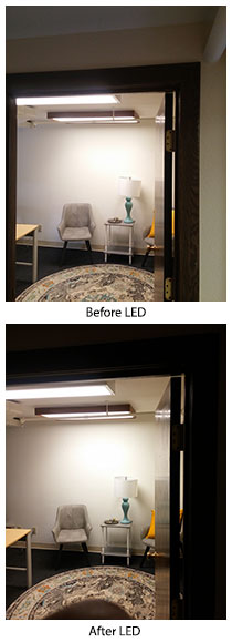 before and after photos of a room's lighting