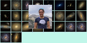 picture of a woman on top of photos of galaxies