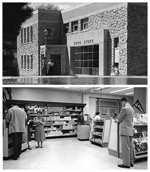 exterior and interior photos of the bookstore in the 1950s 