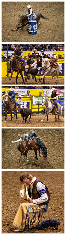 five pictures of people participating in rodeo events