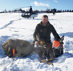 man with two captured deer in snow