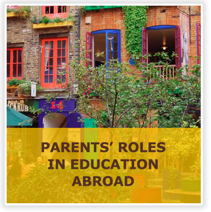 Parents' roles in education abroad over city buildings